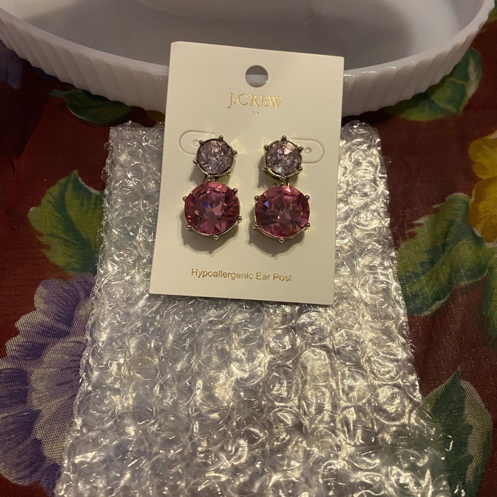 J. Crew - NEW-Crystal Gem Drop Earrings Purple Multi Gold Plated Hypoallergenic - Picture 3 of 6